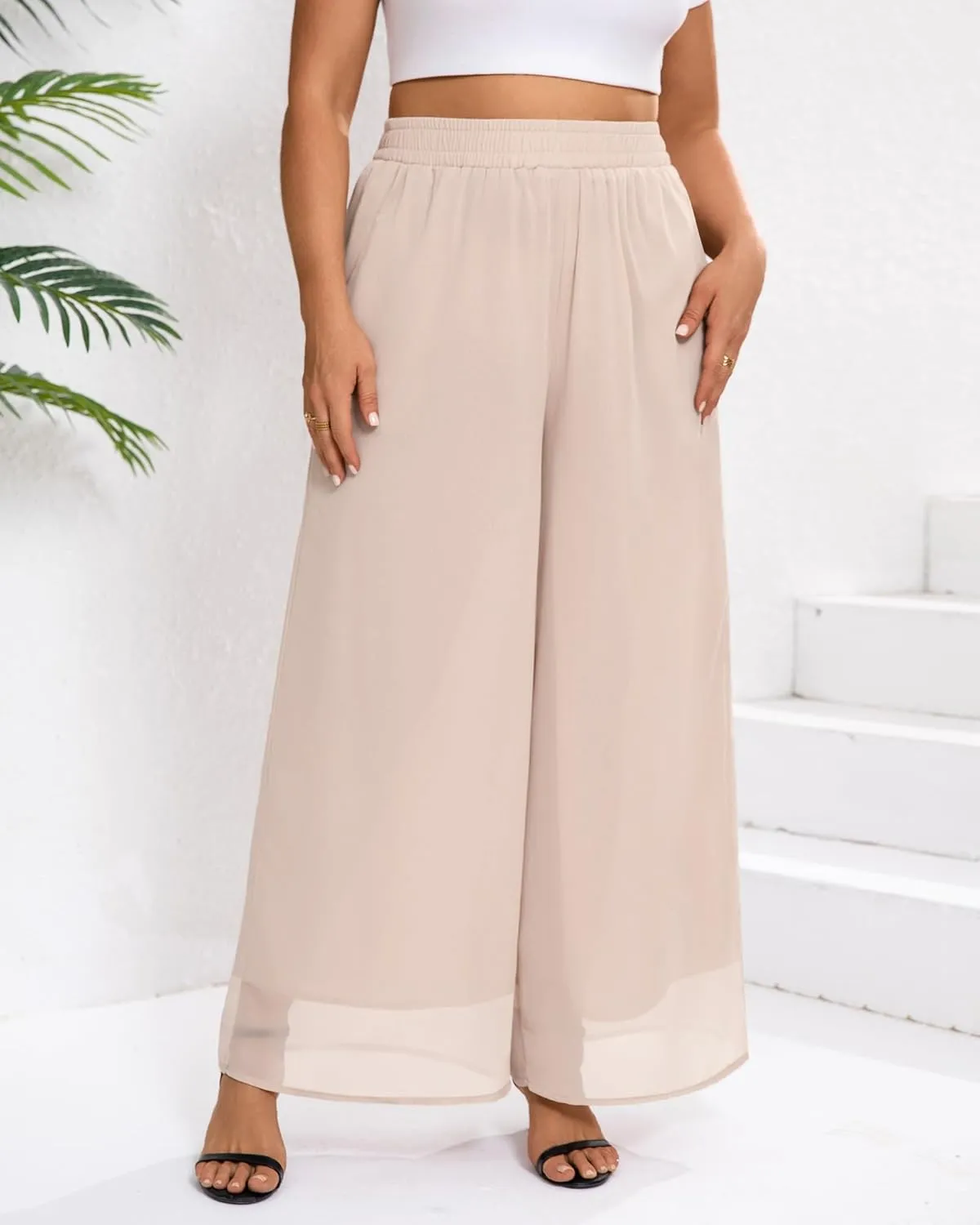 Plus Size Women's Chiffon Wide Leg Pant Flowy Palazoo Pant Loose Fit High Waisted Trouser for Ladies