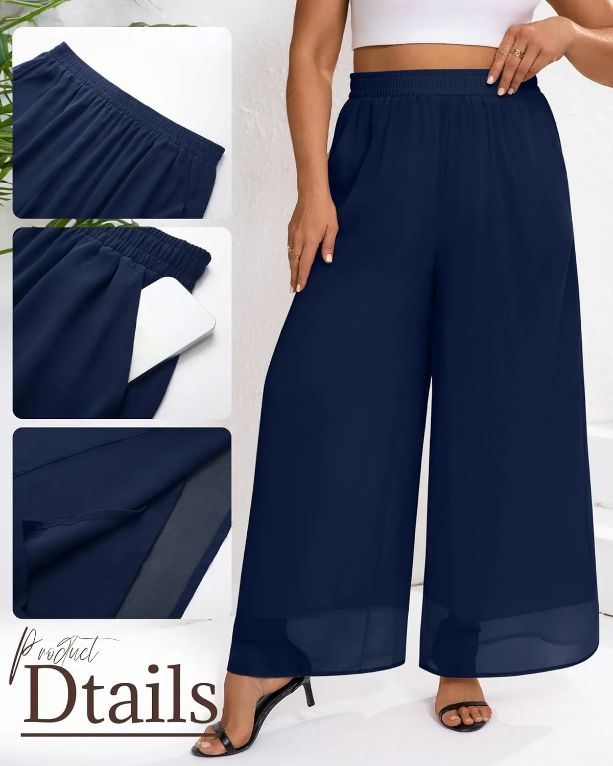 Plus Size Women's Chiffon Wide Leg Pant Flowy Palazoo Pant Loose Fit High Waisted Trouser for Ladies