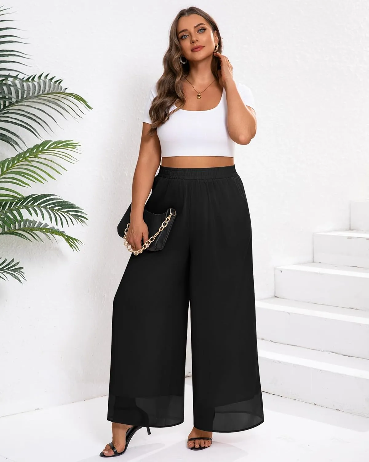 Plus Size Women's Chiffon Wide Leg Pant Flowy Palazoo Pant Loose Fit High Waisted Trouser for Ladies