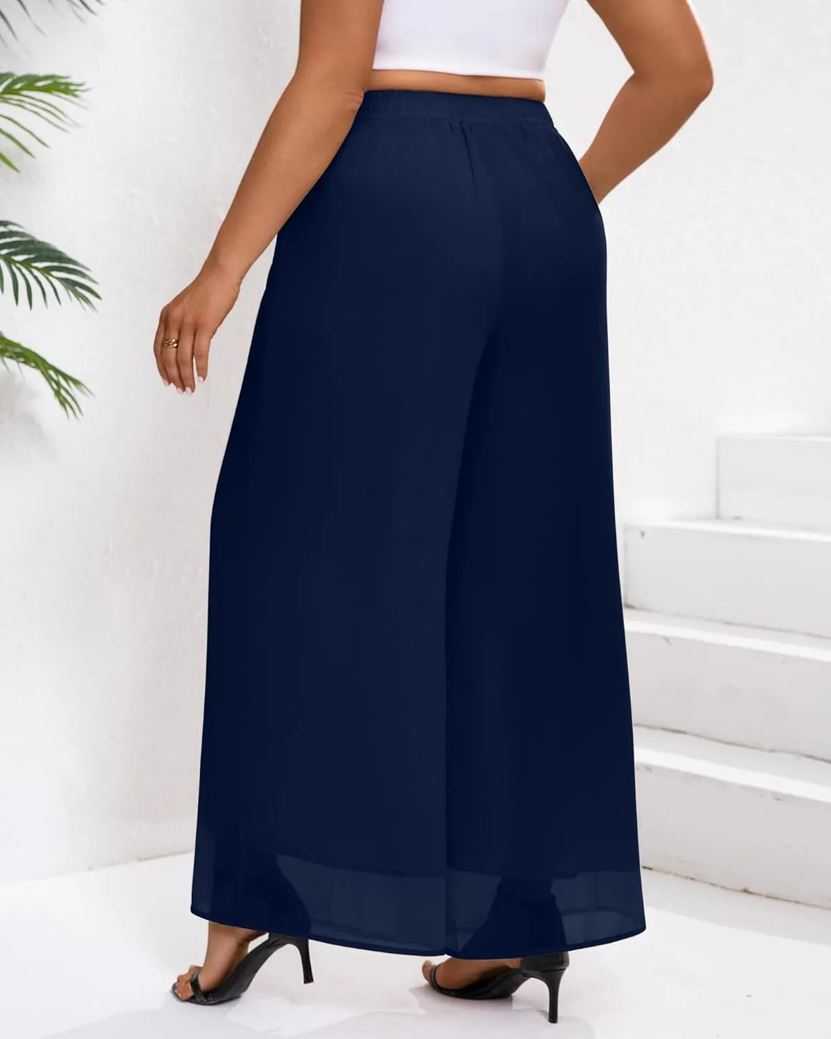 Plus Size Women's Chiffon Wide Leg Pant Flowy Palazoo Pant Loose Fit High Waisted Trouser for Ladies