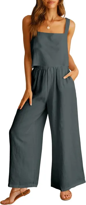 Prinbara Women's 2 Piece Outfits Lounge Sets Sleeveless Square Neck Linen Tank Crop Top Wide Leg Pants Matching Sets