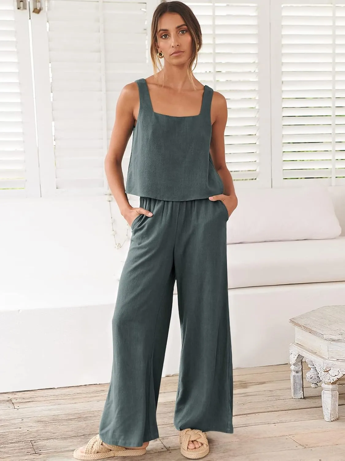 Prinbara Women's 2 Piece Outfits Lounge Sets Sleeveless Square Neck Linen Tank Crop Top Wide Leg Pants Matching Sets