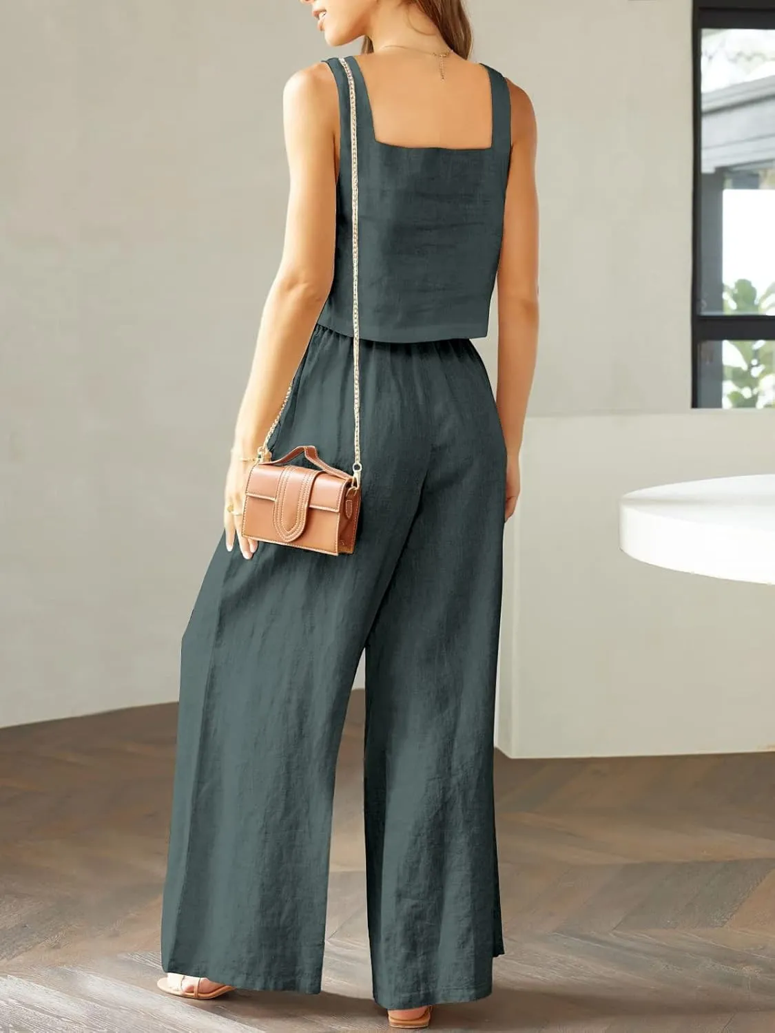 Prinbara Women's 2 Piece Outfits Lounge Sets Sleeveless Square Neck Linen Tank Crop Top Wide Leg Pants Matching Sets