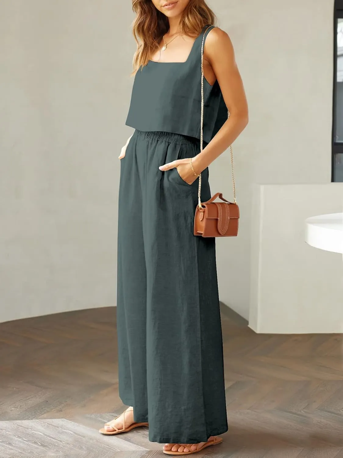Prinbara Women's 2 Piece Outfits Lounge Sets Sleeveless Square Neck Linen Tank Crop Top Wide Leg Pants Matching Sets