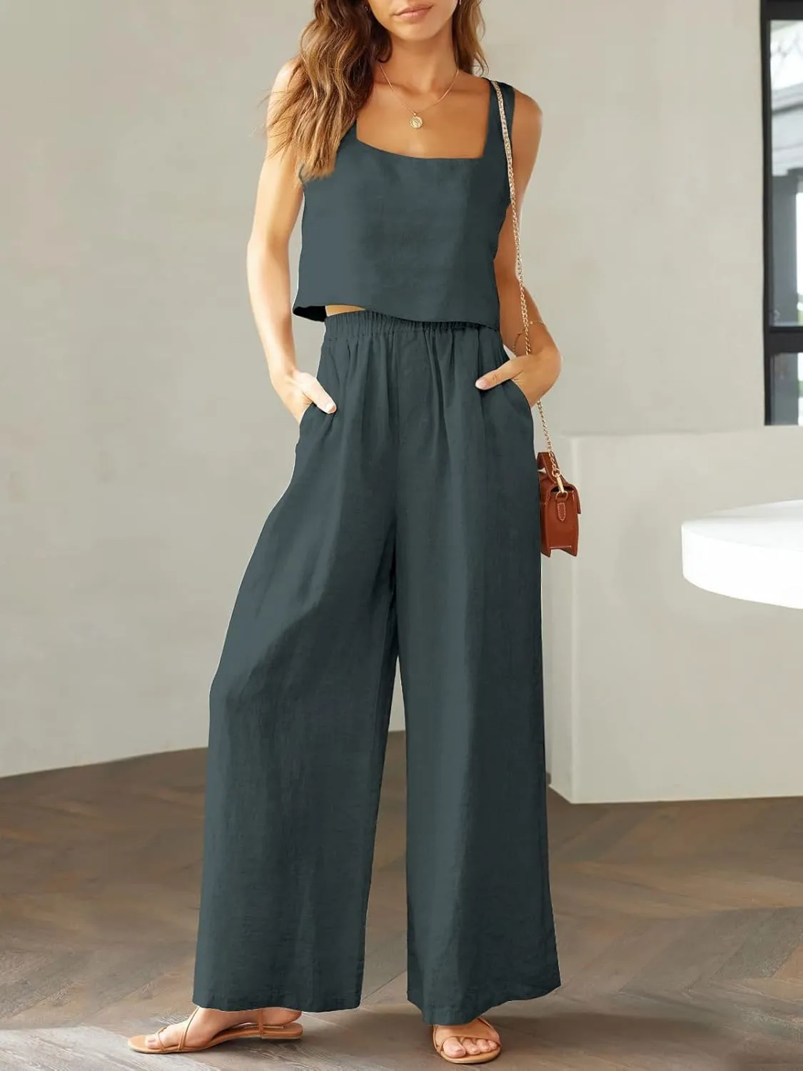Prinbara Women's 2 Piece Outfits Lounge Sets Sleeveless Square Neck Linen Tank Crop Top Wide Leg Pants Matching Sets