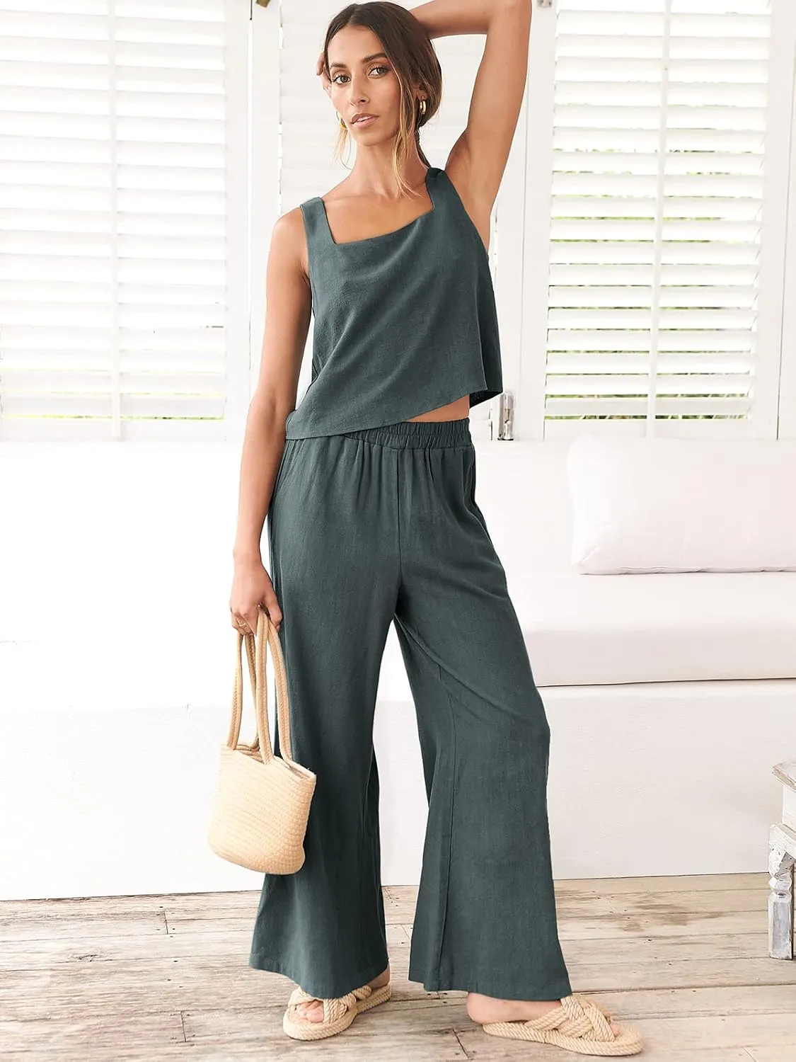 Prinbara Women's 2 Piece Outfits Lounge Sets Sleeveless Square Neck Linen Tank Crop Top Wide Leg Pants Matching Sets