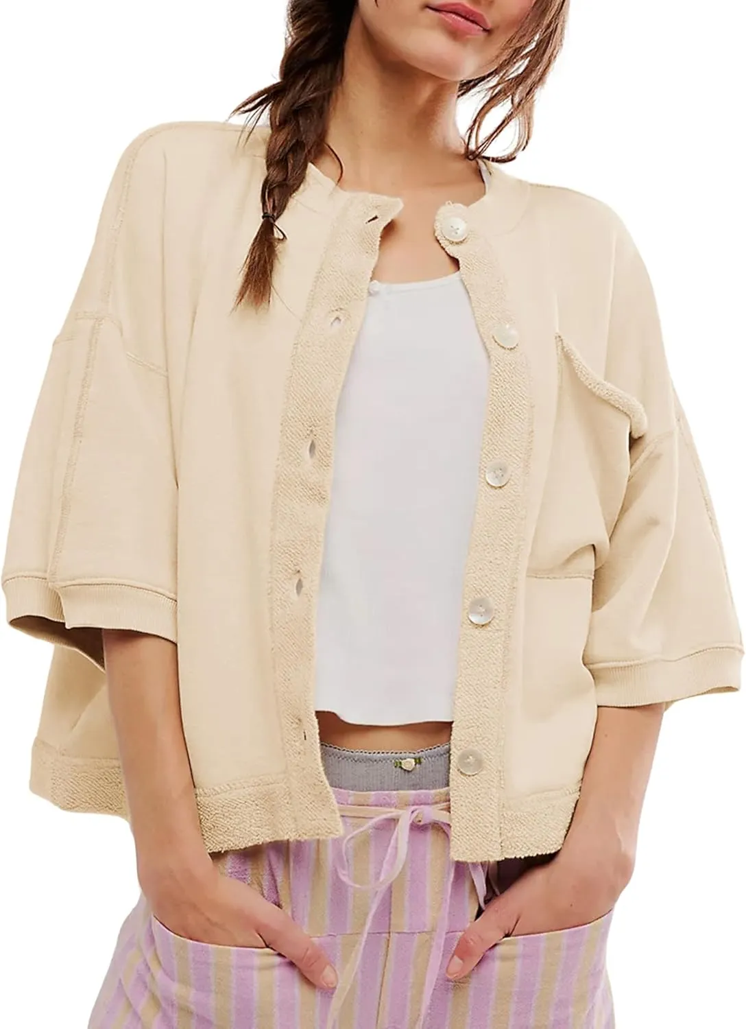 QIBABU Womens Button Down Cardigan Casual Open Front 3/4 Sleeve Crewneck Sweatshirt Tops