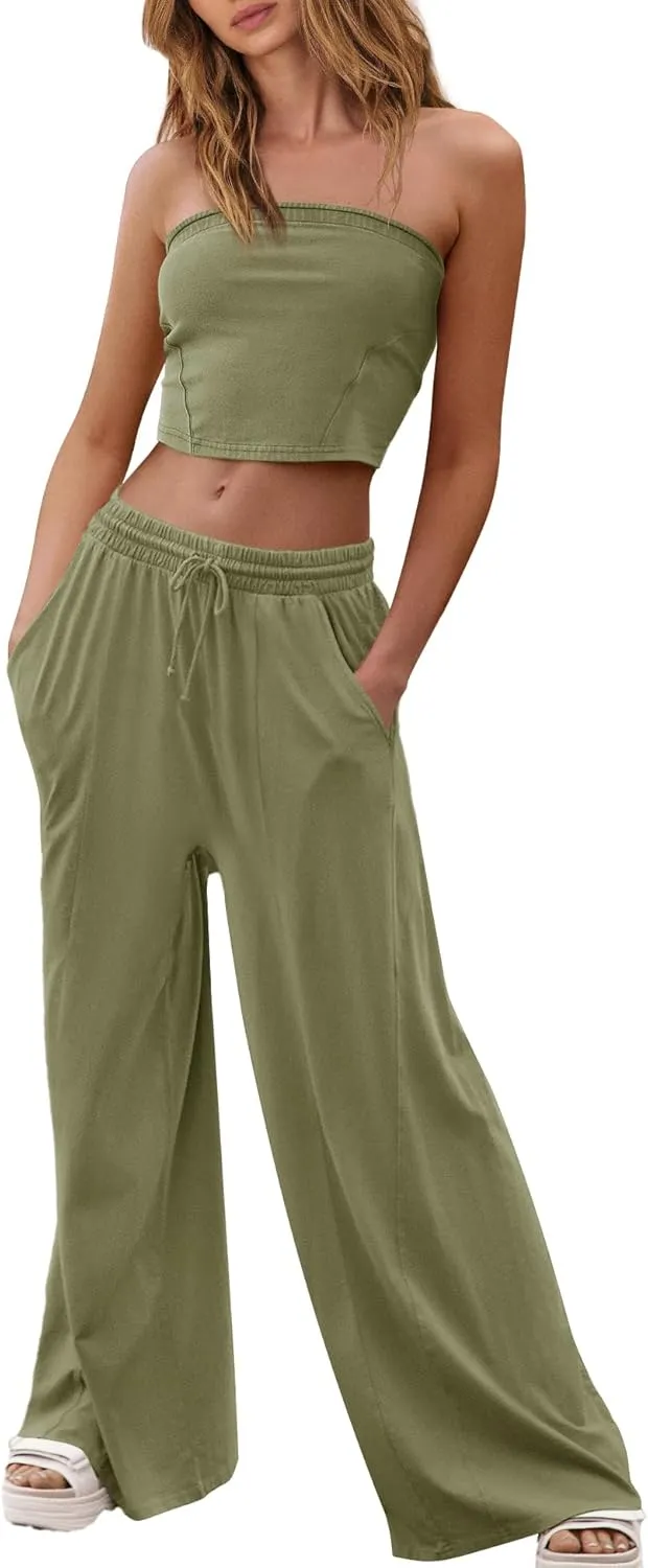 ReachMe Womens 2 Piece Summer Sets Beach Vacation Clothes Smocked Tube Tops and Wide Leg Pants Sets with Pockets