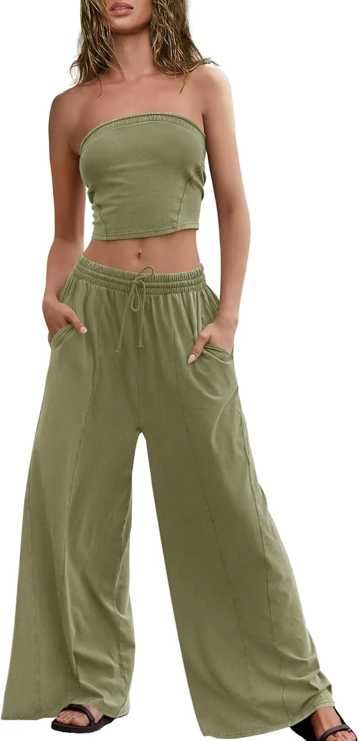 ReachMe Womens 2 Piece Summer Sets Beach Vacation Clothes Smocked Tube Tops and Wide Leg Pants Sets with Pockets