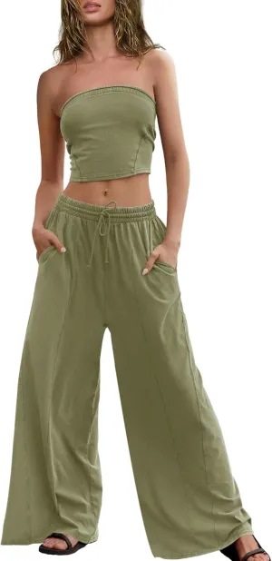 ReachMe Womens 2 Piece Summer Sets Beach Vacation Clothes Smocked Tube Tops and Wide Leg Pants Sets with Pockets