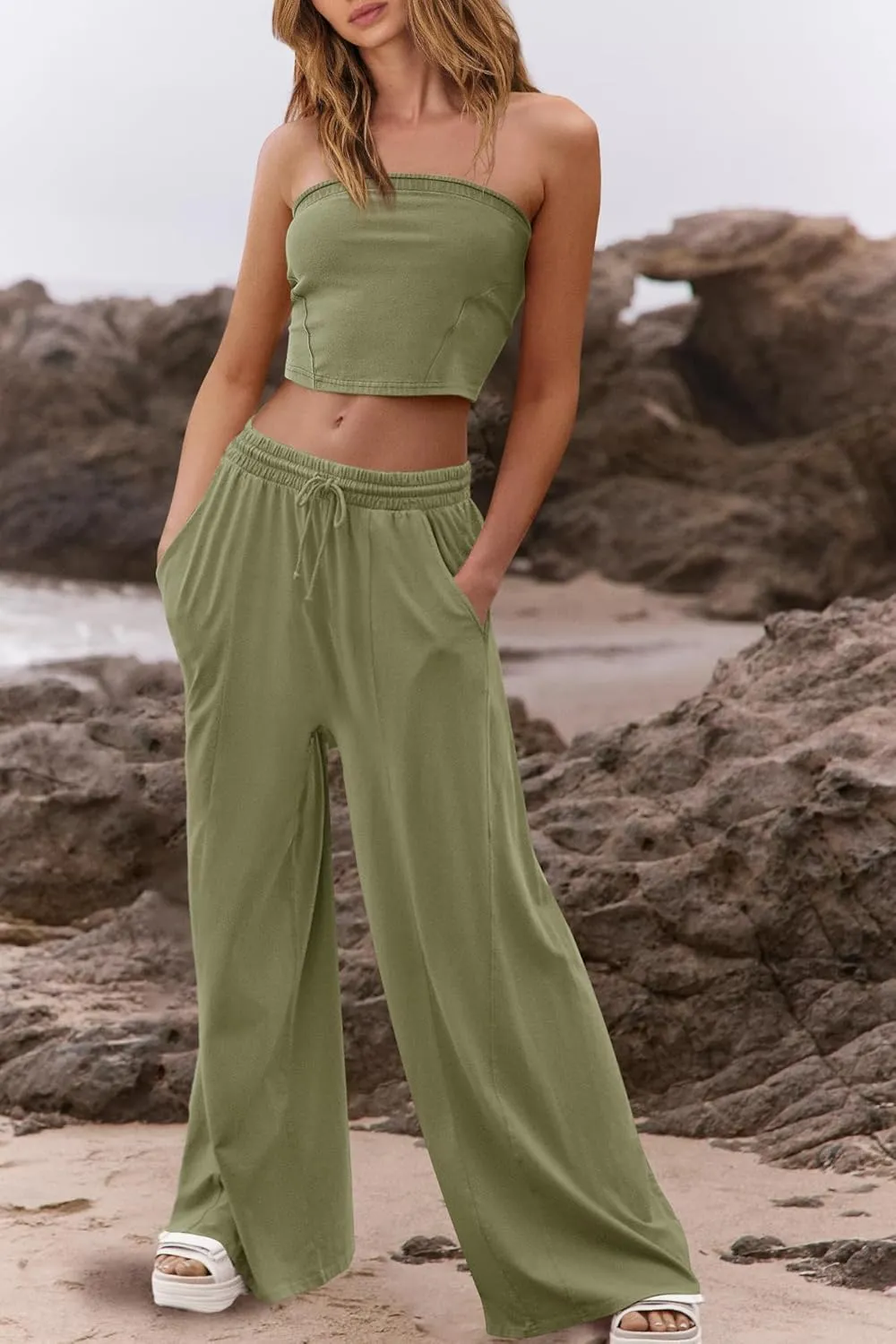 ReachMe Womens 2 Piece Summer Sets Beach Vacation Clothes Smocked Tube Tops and Wide Leg Pants Sets with Pockets