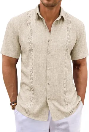 Runcati Mens Guayabera Shirts Button Down Cuban Casual Short Sleeve Shirt Summer Linen Beach Mexican Wedding Tops