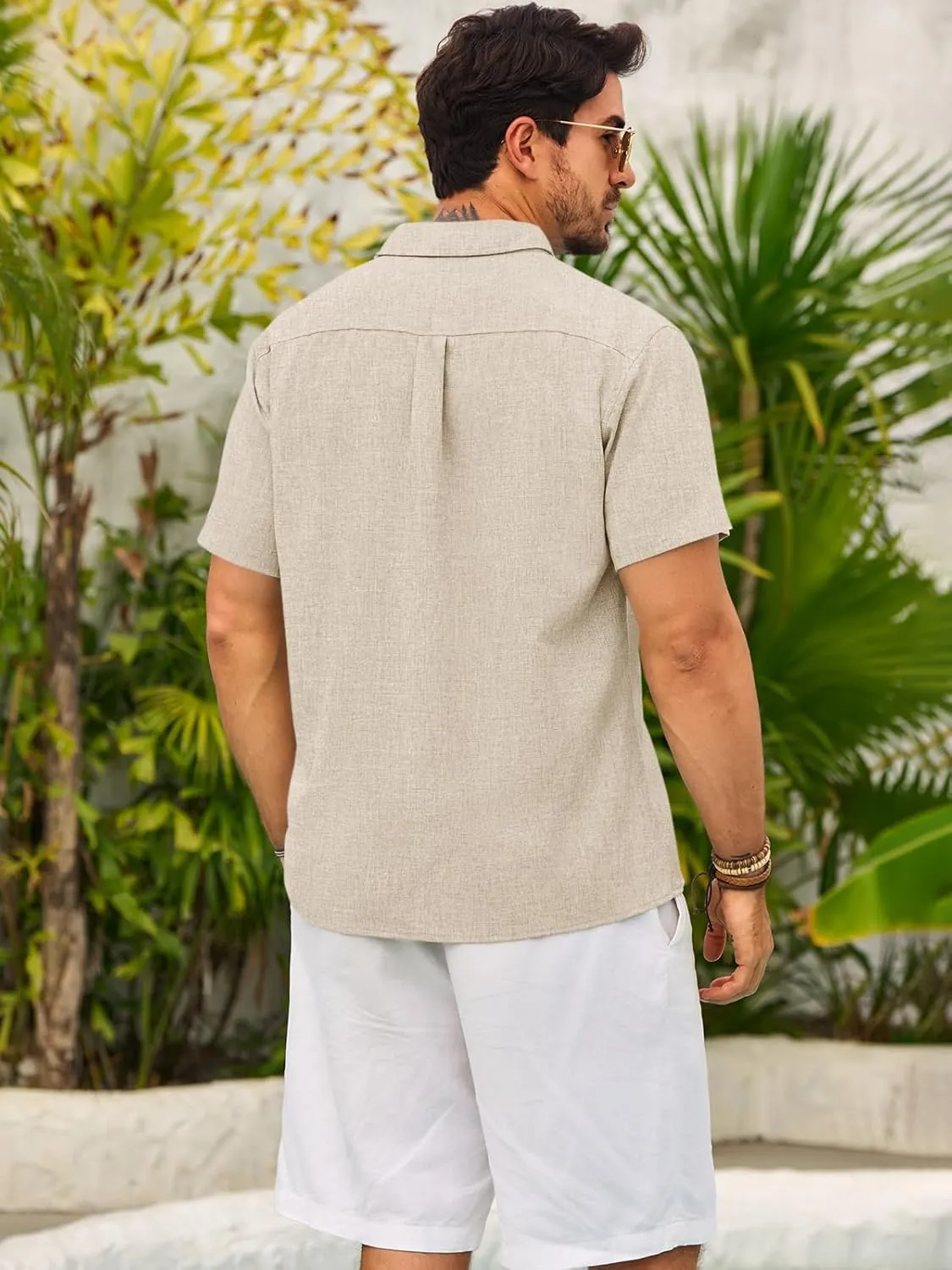 Runcati Mens Guayabera Shirts Button Down Cuban Casual Short Sleeve Shirt Summer Linen Beach Mexican Wedding Tops