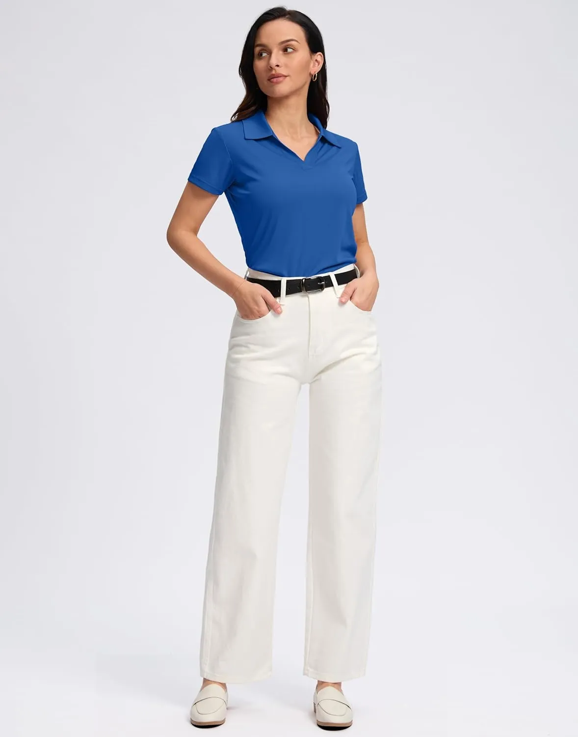 SANTINY Women's Golf Shirt Collared V-Neck Casual Work Tennis Tops UPF50  Collared Polo Shirts for Women