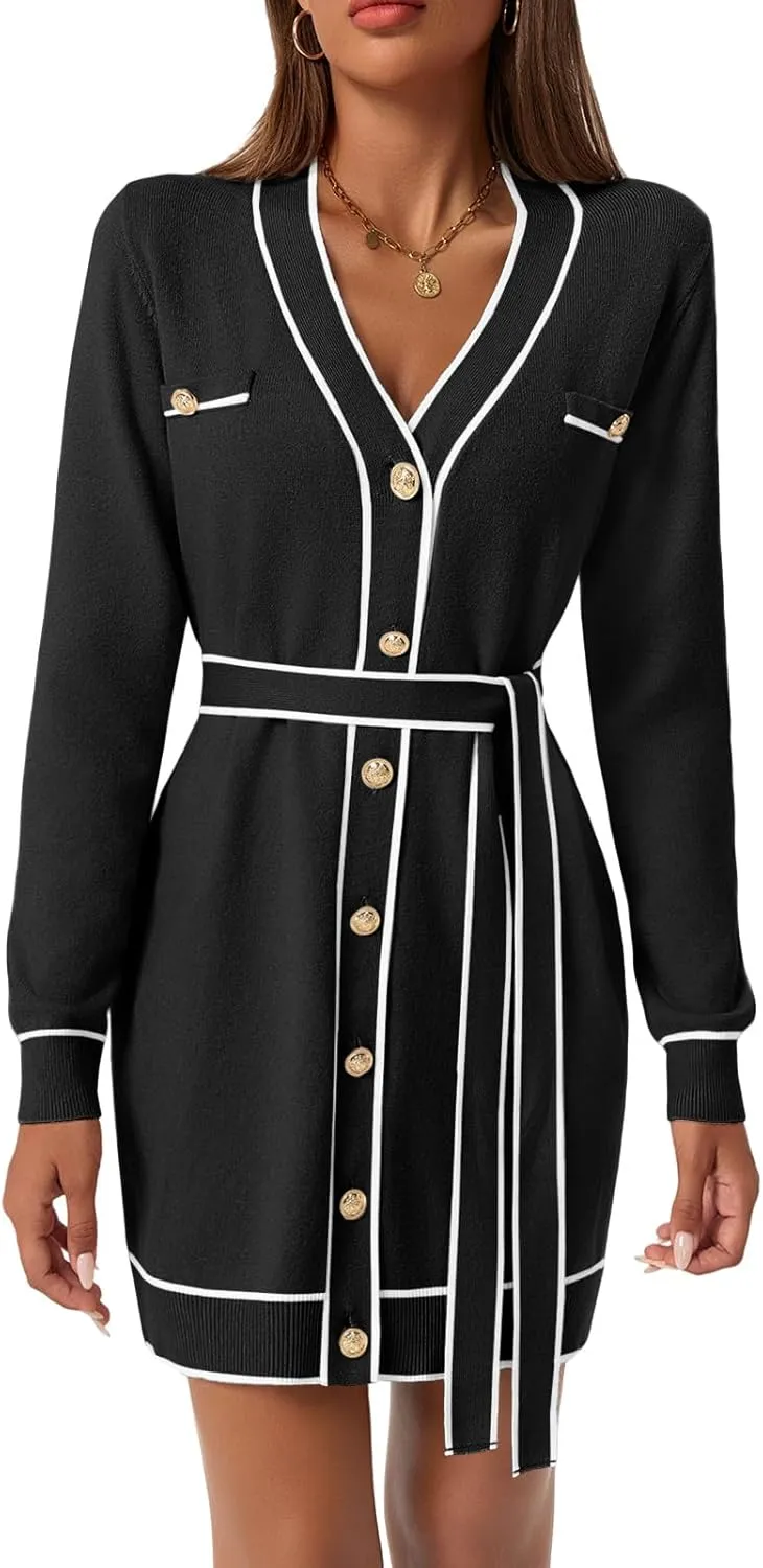 Saodimallsu Womens Long Sleeve Sweater Dress Button Down V Neck Casual Knit Preppy Mini Dresses Cardigan with Belt