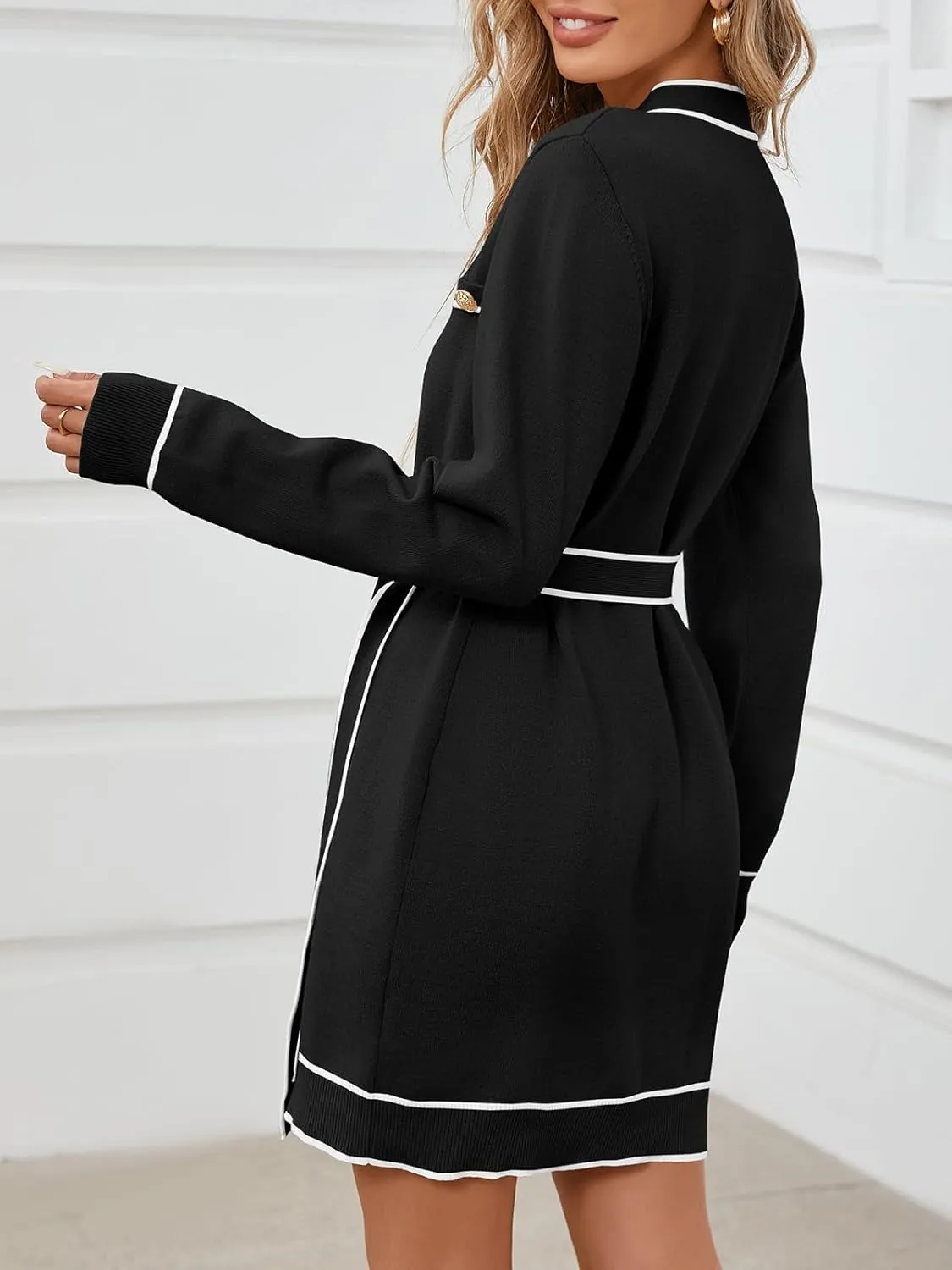 Saodimallsu Womens Long Sleeve Sweater Dress Button Down V Neck Casual Knit Preppy Mini Dresses Cardigan with Belt