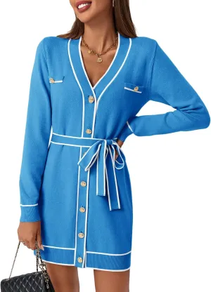 Saodimallsu Womens Long Sleeve Sweater Dress Button Down V Neck Casual Knit Preppy Mini Dresses Cardigan with Belt