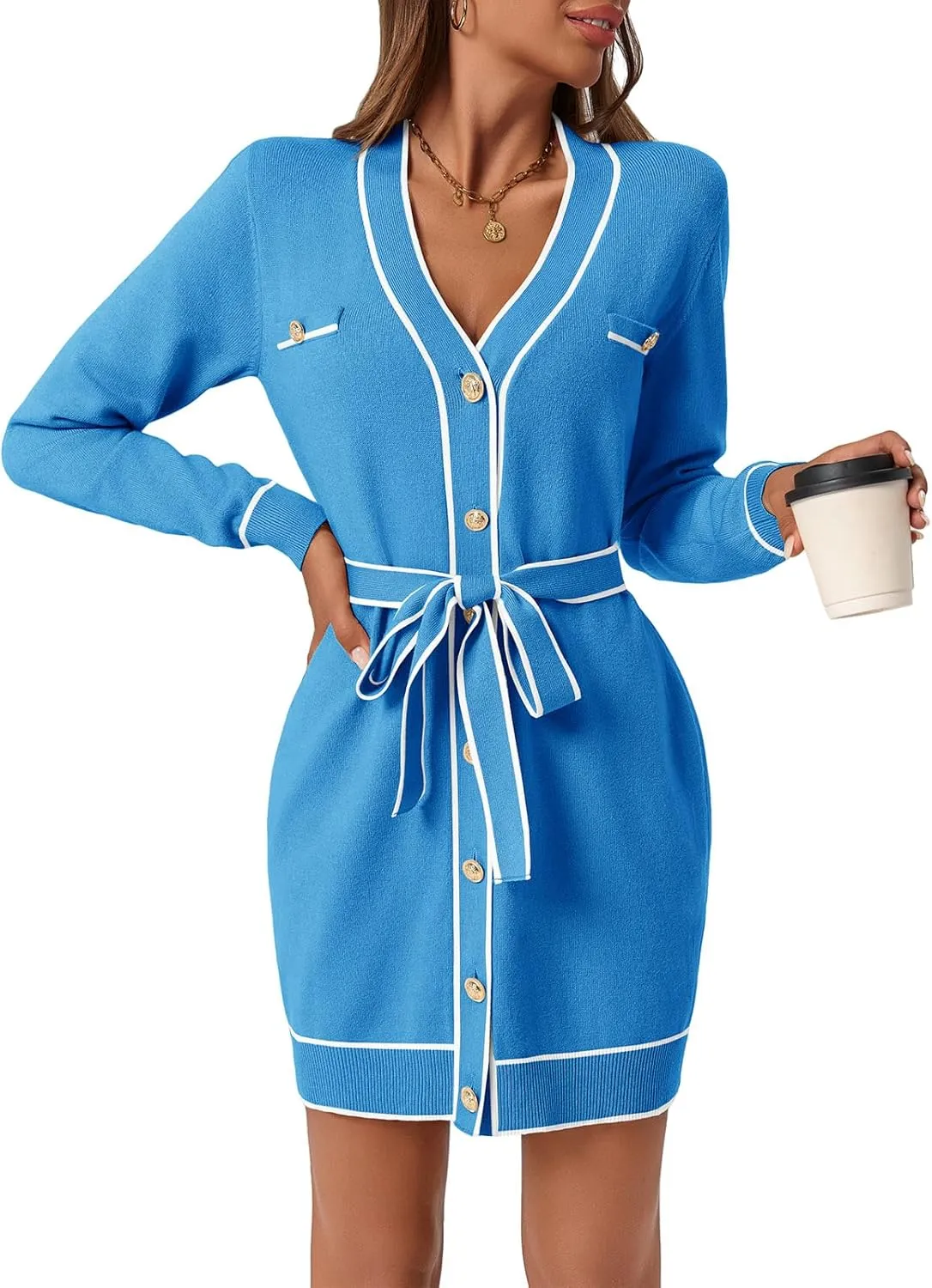 Saodimallsu Womens Long Sleeve Sweater Dress Button Down V Neck Casual Knit Preppy Mini Dresses Cardigan with Belt