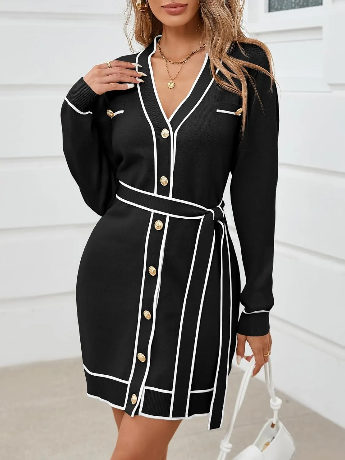 Saodimallsu Womens Long Sleeve Sweater Dress Button Down V Neck Casual Knit Preppy Mini Dresses Cardigan with Belt