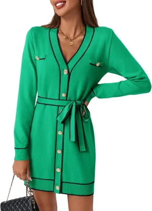 Saodimallsu Womens Long Sleeve Sweater Dress Button Down V Neck Casual Knit Preppy Mini Dresses Cardigan with Belt