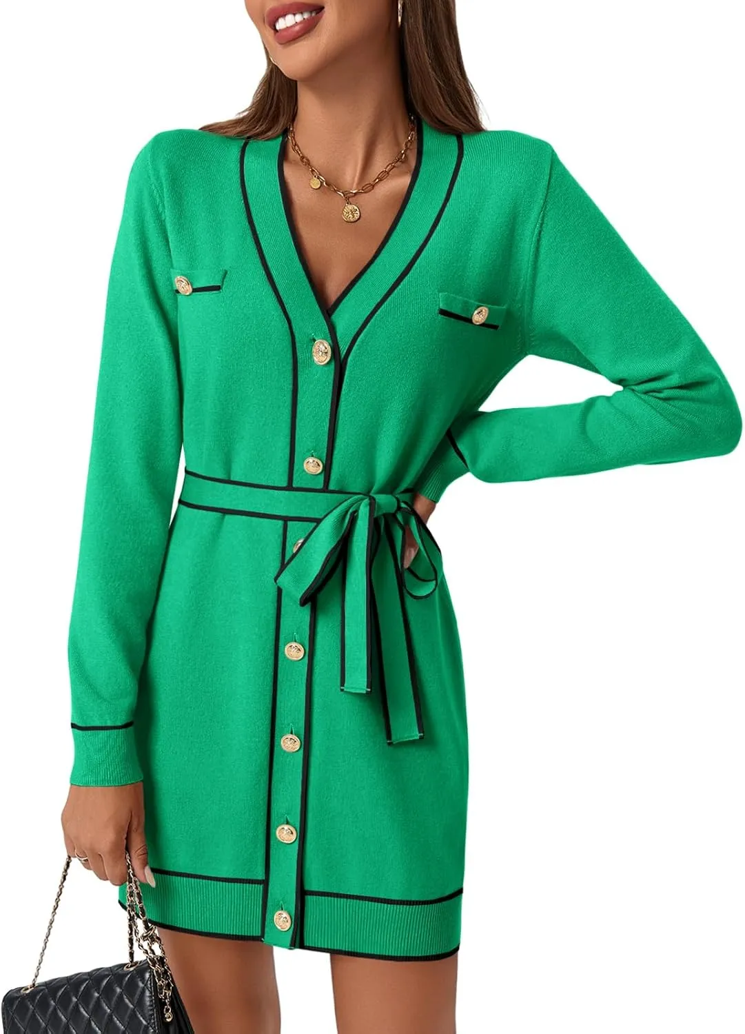 Saodimallsu Womens Long Sleeve Sweater Dress Button Down V Neck Casual Knit Preppy Mini Dresses Cardigan with Belt
