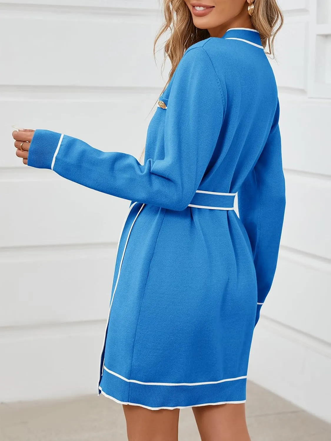 Saodimallsu Womens Long Sleeve Sweater Dress Button Down V Neck Casual Knit Preppy Mini Dresses Cardigan with Belt
