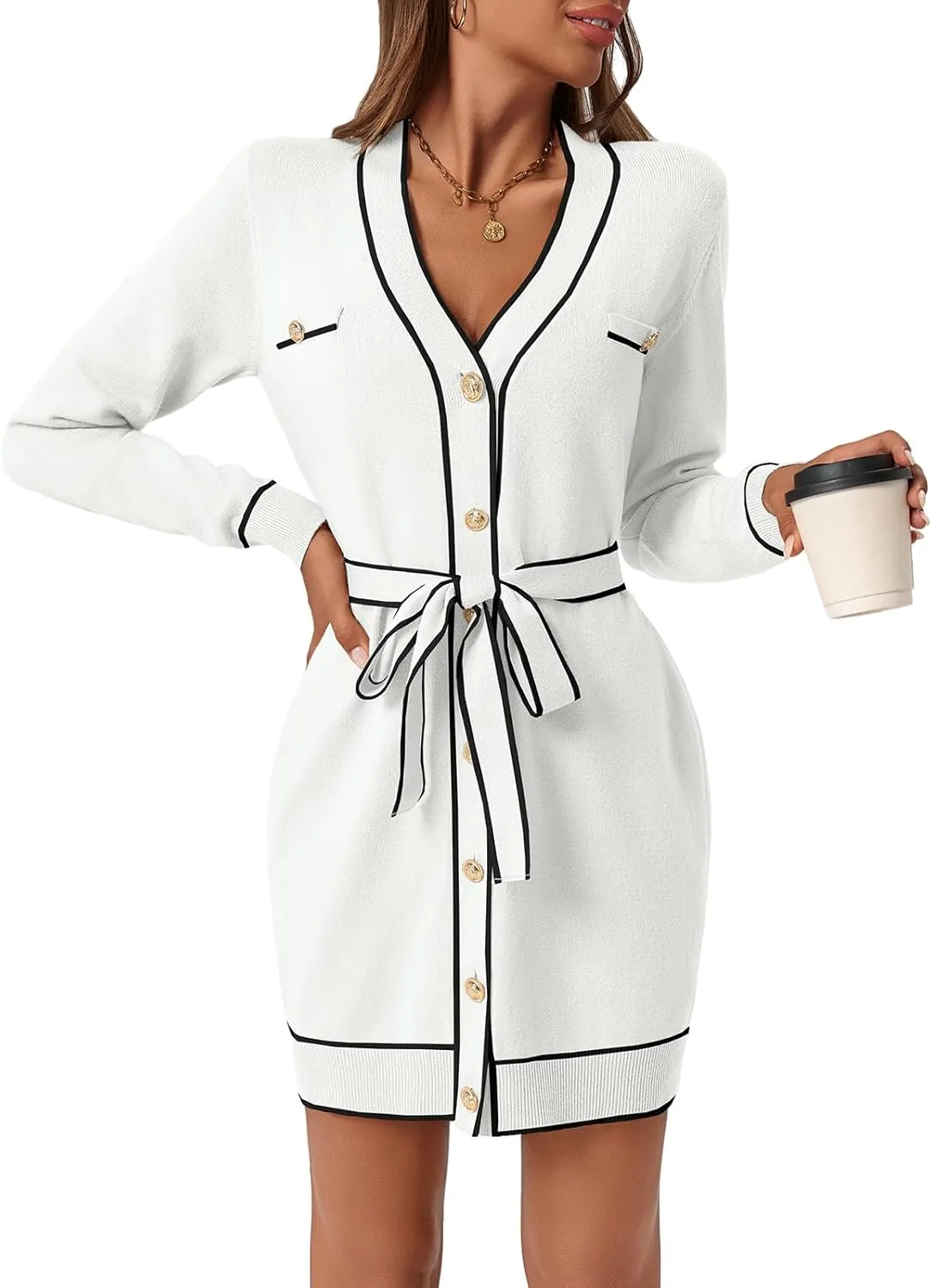 Saodimallsu Womens Long Sleeve Sweater Dress Button Down V Neck Casual Knit Preppy Mini Dresses Cardigan with Belt