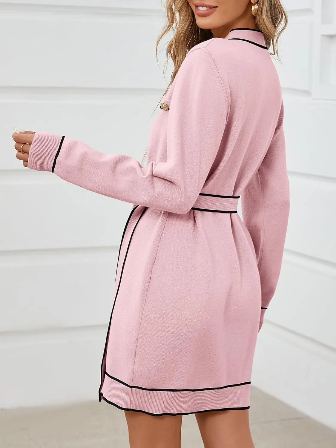 Saodimallsu Womens Long Sleeve Sweater Dress Button Down V Neck Casual Knit Preppy Mini Dresses Cardigan with Belt