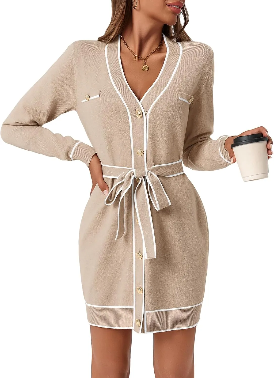 Saodimallsu Womens Long Sleeve Sweater Dress Button Down V Neck Casual Knit Preppy Mini Dresses Cardigan with Belt