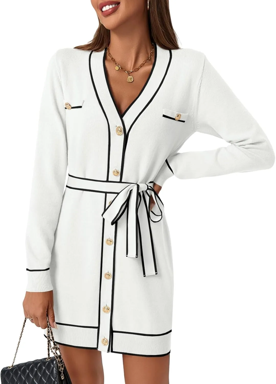 Saodimallsu Womens Long Sleeve Sweater Dress Button Down V Neck Casual Knit Preppy Mini Dresses Cardigan with Belt