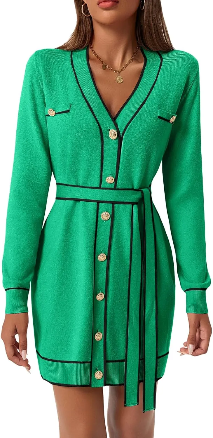 Saodimallsu Womens Long Sleeve Sweater Dress Button Down V Neck Casual Knit Preppy Mini Dresses Cardigan with Belt