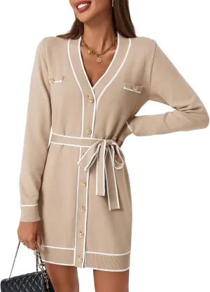 Saodimallsu Womens Long Sleeve Sweater Dress Button Down V Neck Casual Knit Preppy Mini Dresses Cardigan with Belt