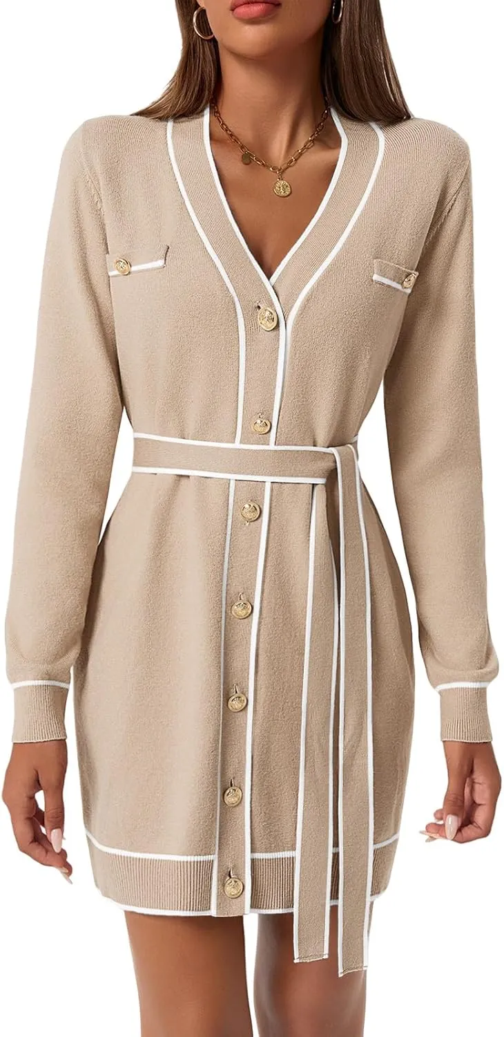 Saodimallsu Womens Long Sleeve Sweater Dress Button Down V Neck Casual Knit Preppy Mini Dresses Cardigan with Belt