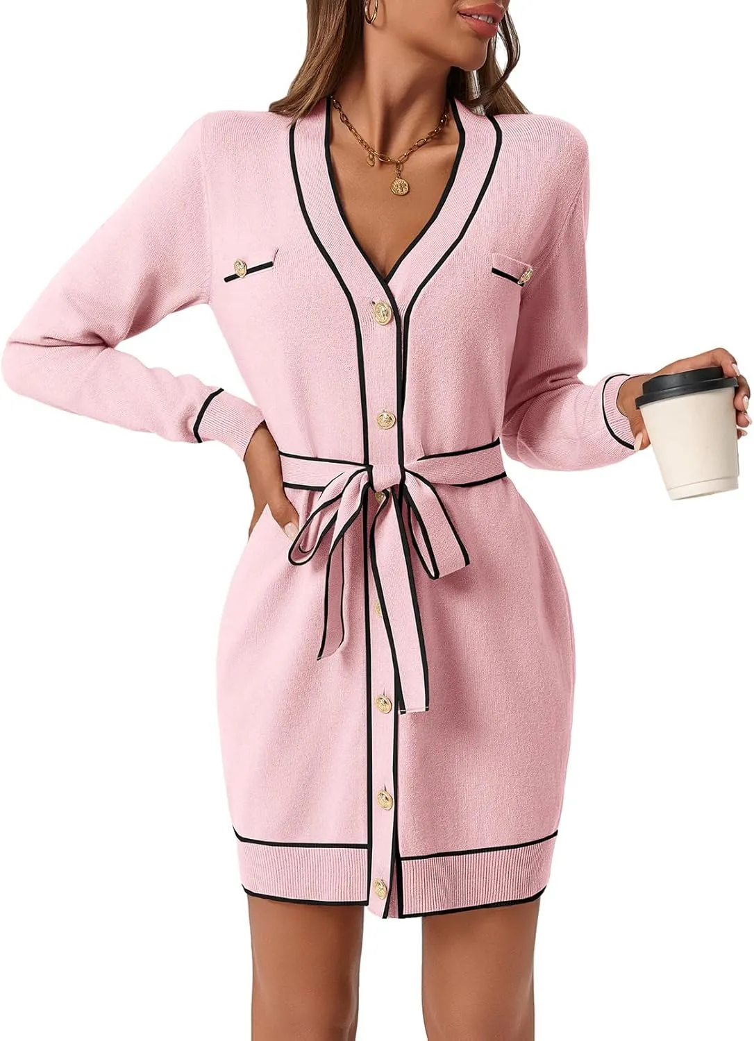 Saodimallsu Womens Long Sleeve Sweater Dress Button Down V Neck Casual Knit Preppy Mini Dresses Cardigan with Belt
