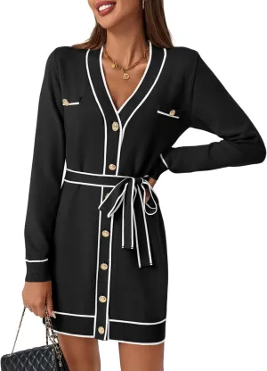 Saodimallsu Womens Long Sleeve Sweater Dress Button Down V Neck Casual Knit Preppy Mini Dresses Cardigan with Belt