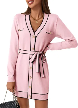 Saodimallsu Womens Long Sleeve Sweater Dress Button Down V Neck Casual Knit Preppy Mini Dresses Cardigan with Belt