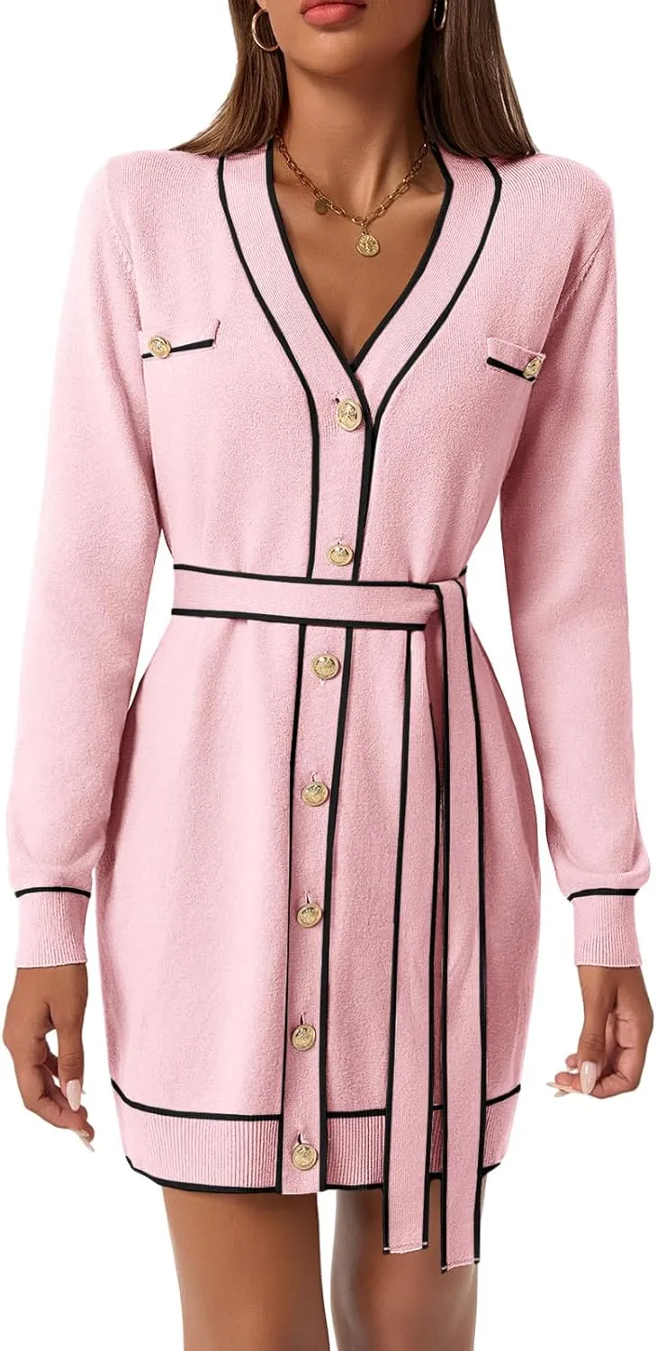 Saodimallsu Womens Long Sleeve Sweater Dress Button Down V Neck Casual Knit Preppy Mini Dresses Cardigan with Belt