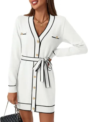 Saodimallsu Womens Long Sleeve Sweater Dress Button Down V Neck Casual Knit Preppy Mini Dresses Cardigan with Belt