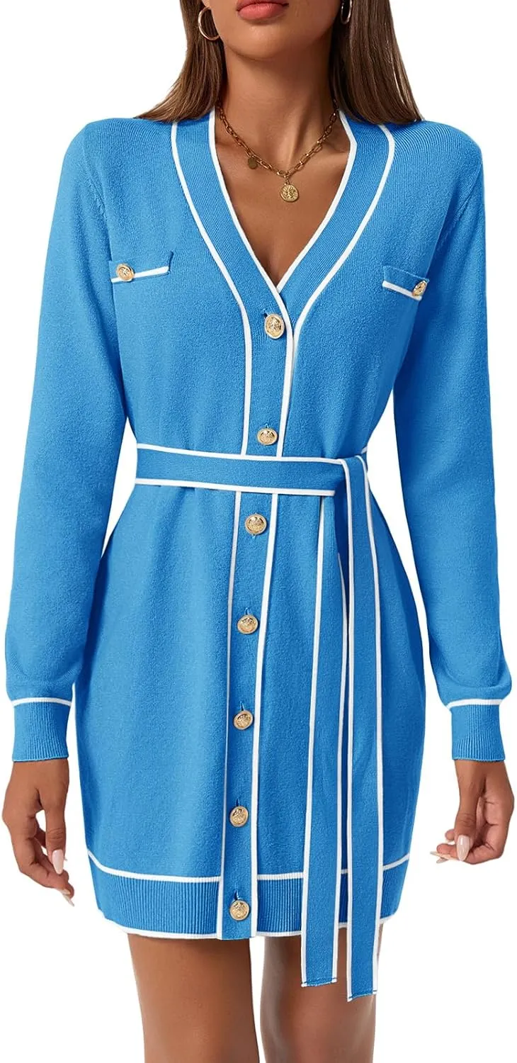 Saodimallsu Womens Long Sleeve Sweater Dress Button Down V Neck Casual Knit Preppy Mini Dresses Cardigan with Belt