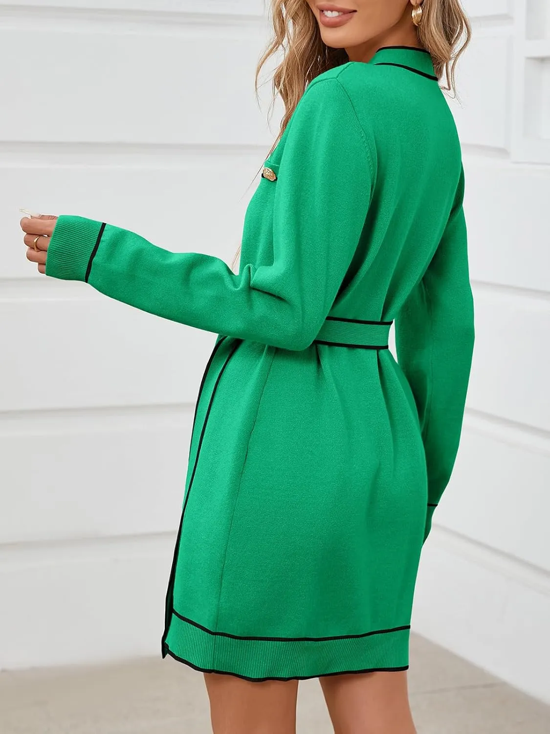 Saodimallsu Womens Long Sleeve Sweater Dress Button Down V Neck Casual Knit Preppy Mini Dresses Cardigan with Belt