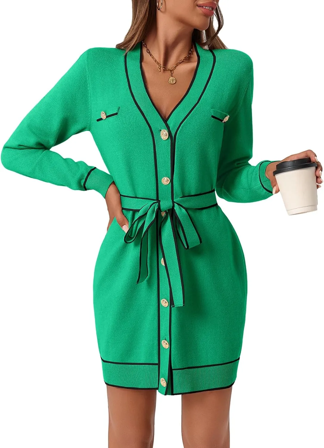 Saodimallsu Womens Long Sleeve Sweater Dress Button Down V Neck Casual Knit Preppy Mini Dresses Cardigan with Belt