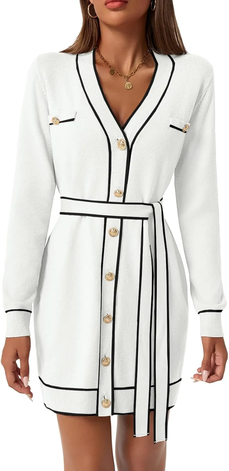 Saodimallsu Womens Long Sleeve Sweater Dress Button Down V Neck Casual Knit Preppy Mini Dresses Cardigan with Belt