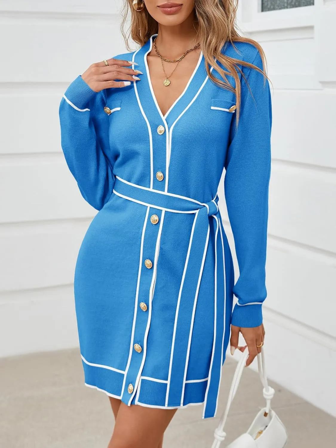 Saodimallsu Womens Long Sleeve Sweater Dress Button Down V Neck Casual Knit Preppy Mini Dresses Cardigan with Belt