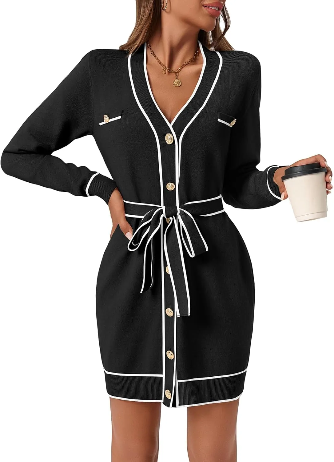 Saodimallsu Womens Long Sleeve Sweater Dress Button Down V Neck Casual Knit Preppy Mini Dresses Cardigan with Belt