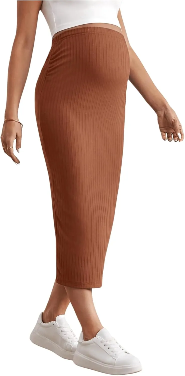SHENHE Women's Maternity Skirt Adjustable Rib Knit High Waist Split Pencil Long Skirt