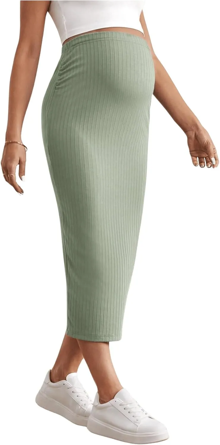 SHENHE Women's Maternity Skirt Adjustable Rib Knit High Waist Split Pencil Long Skirt