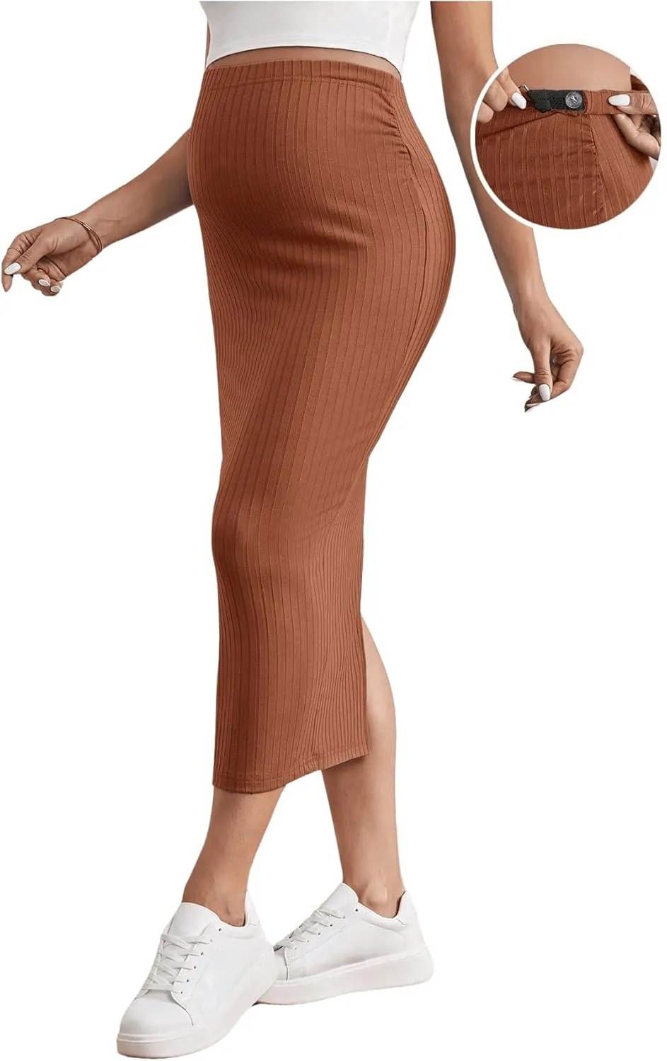 SHENHE Women's Maternity Skirt Adjustable Rib Knit High Waist Split Pencil Long Skirt