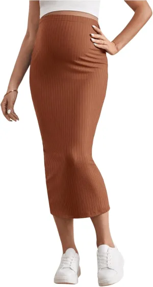 SHENHE Women's Maternity Skirt Adjustable Rib Knit High Waist Split Pencil Long Skirt