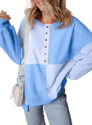 SHEWIN Women's Sweatshirts Casual Loose Button Henley Pullover Top Color Block 2024 Fall Fashion Outfits