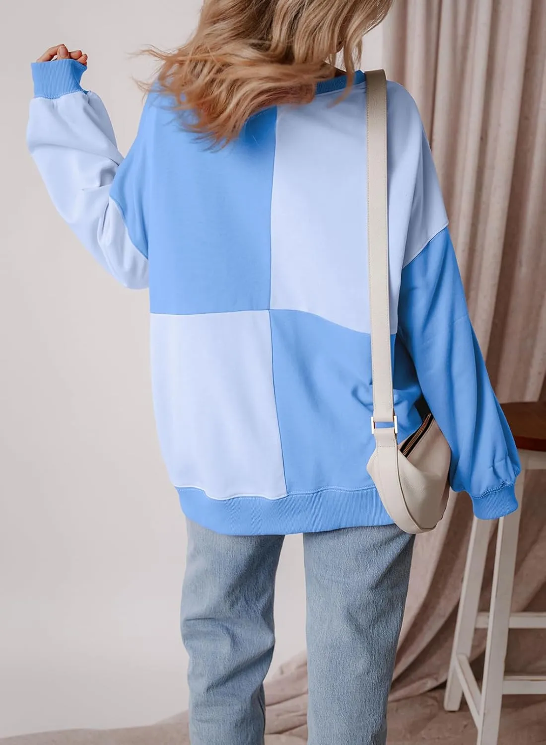 SHEWIN Women's Sweatshirts Casual Loose Button Henley Pullover Top Color Block 2024 Fall Fashion Outfits